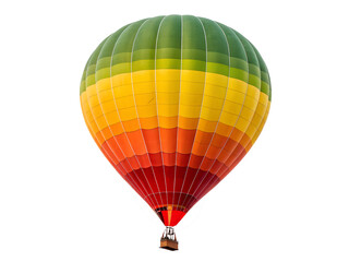 Fototapeta premium A colorful hot air balloon with a white basket on top. The balloon is filled with air and is floating in the sky