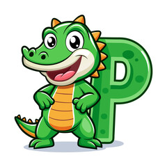 Playful Alligator Character Holding Big Alphabet P, Cute Kids Illustration, Fun Learning Letter, Colorful Cartoon Animal, Educational Design