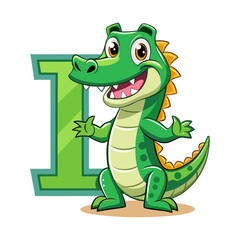 Playful Alligator Character with Big Alphabet I, Fun Kids Illustration, Learning Letters, Colorful Cartoon Reptile, Educational Children Book Art