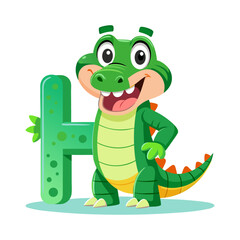 Playful Alligator Character with Big Alphabet H, Cute Kids Illustration, Learning Letters, Fun Animal Design, Educational Vector Artwork