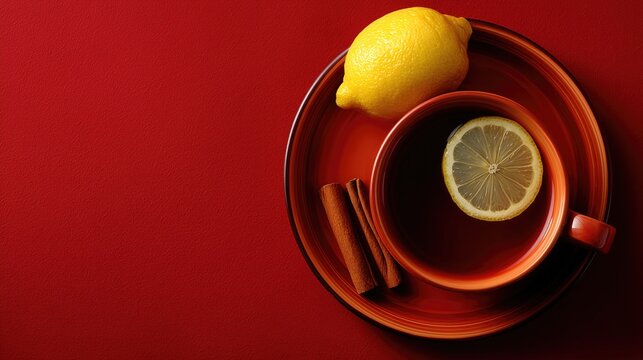 Red background with orange cup and saucer, holding drink with lemon slice and whole lemon, plus cinnamon sticks, showcasing fresh citrus and spice for beverage presentation