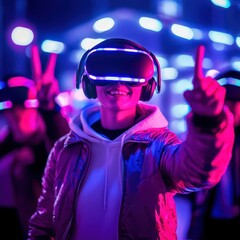 group of gamers making victory sign with VR controllers, neon ambient light, , tech stock