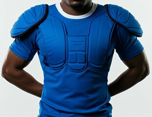 Blue padded protective shoulder chest guard compression shirt body armor for contact sports football rugby training equipment isolated white background