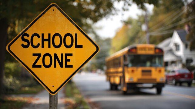 Yellow "SCHOOL ZONE" sign on road with school bus and houses, safety awareness design for traffic or community campaigns.