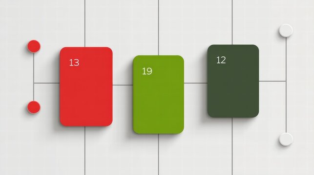 Red, green, dark green rectangular blocks on grid background for data visualization, task management tool for dashboards.