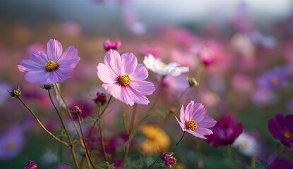 Vibrant cosmos field bathed in soft light
