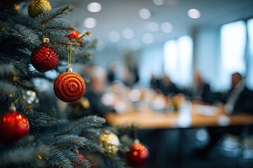 Christmas tree in a corporate setting.  Close-up of festive ornaments, blurred background of meeting