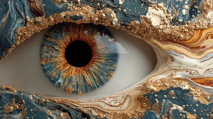 Close-up of an eye, marbled with gold and teal
