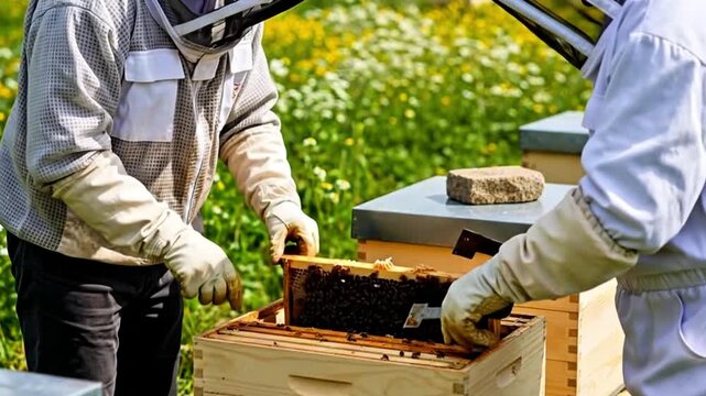 Two beekeepers in protective suits inspecting a beehive frame full of honey in a blooming field, representing honey production, agriculture, sweet food, and sustainable farming.