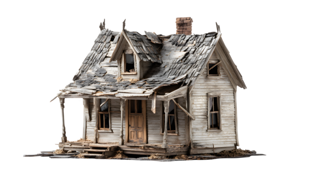 Dilapidated farmhouse, isolated on transparent background