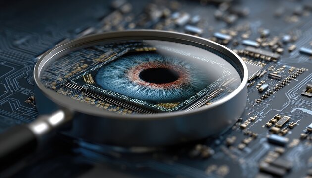 Magnifying glass focuses on a digital eye on circuit board