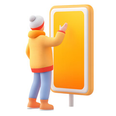 Cartoon style illust n of a person gesturing towards a large orange display device representing guidance information or digital communication technology