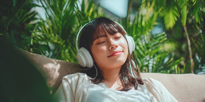  teenager listening to music on smartphone with headphone enjoy at home