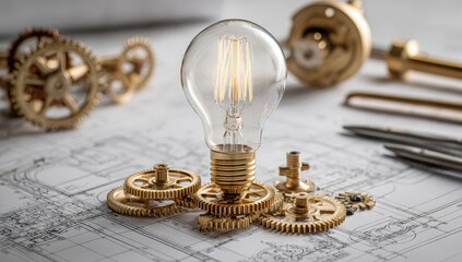 Gears, lightbulb, and blueprints
