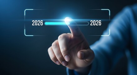 Finger Interacting with Digital Display Showing Year 2026 Progress Bar future advancement