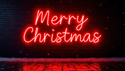 Merry christmas neon sign on brick wall background for holiday greetings