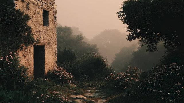Misty path leading to abandoned stone building in foggy forest. Mysterious and eerie atmosphere. Moody landscape for book cover or horror film concept. Atmospheric nature scene. - Powered by Adobe