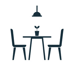 Dark blue dining table with two chairs and a plant under a pendant lamp vector