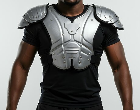 Silver metallic protective chest armor vest with shoulder plates on athlete wearing black shirt studio shot - Powered by Adobe