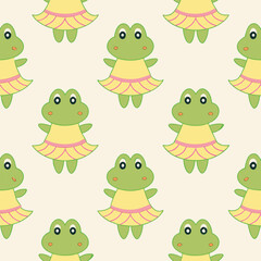 Obraz premium Adorable cartoon frog in yellow dress seamless pattern on beige background cute animal