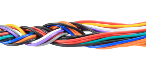 Multicolored wire cable of usb and adapter isolated on white background.