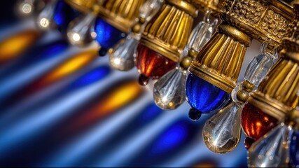 Obraz premium Close-Up of Elegant Chandelier with Colorful Crystals and Light Reflections in a Luxurious Setting