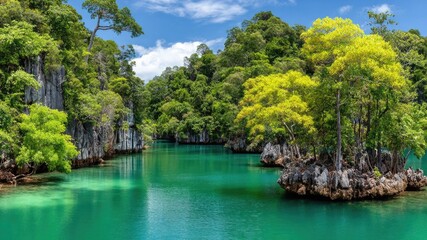 Fototapeta premium Tranquil Lagoon Surrounded by Lush Green Trees and Rocky Formations Under a Clear Blue Sky