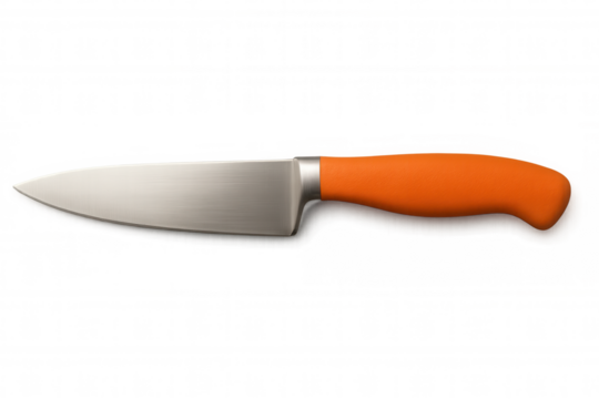 Sharp orange-handled kitchen knife resting horizontally, positioned for precise culinary work against transparent backdrop