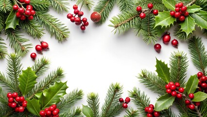 Festive Holiday Frame with Evergreen Branches and Red Berries on White Background