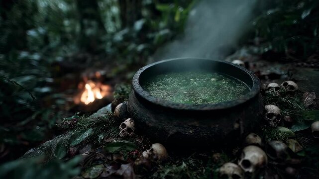 Steaming cauldron in dark forest with mystical fire. Witchcraft brew in black pot. Halloween spooky scene. Magic potion concept for fantasy, folklore, and supernatural themes.