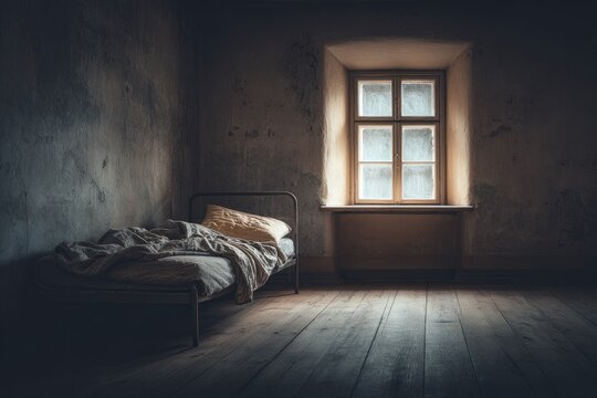 Dim interior room with a single bed and window