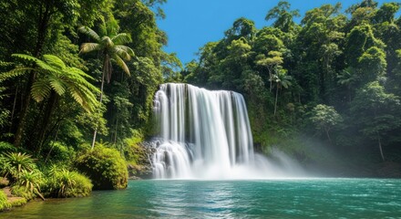 Fototapeta premium Majestic tropical waterfall cascading into a turquoise pool surrounded by lush foliage creating a