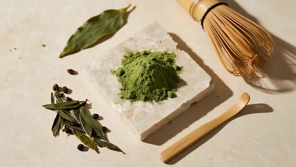 Minimalist flat lay of matcha powder, whole tea leaves and bamboo whisk on light beige stone with calculated negative space, overhead shot with f/2.8 shallow depth of field