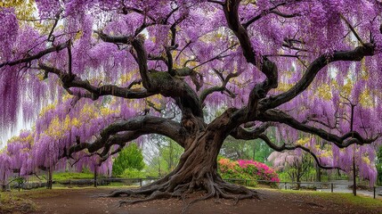 Majestic Wisteria Tree with Vibrant Purple Blooms in Serene Garden Setting