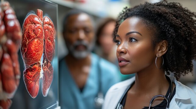 Intense Focus: Black Female Doctor Analyzes a Detailed 3D Lung Model on a Screen.