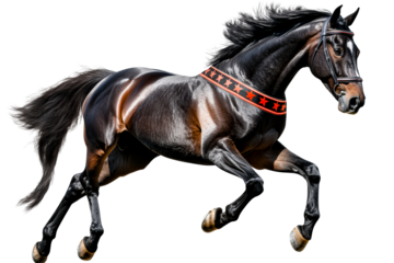Majestic dark bay horse in full gallop with red star adornment, cut out transparent