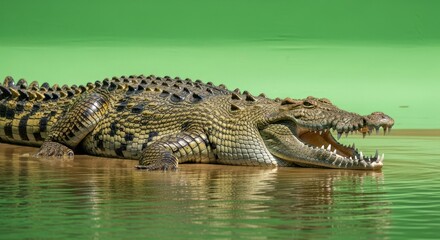 Obraz premium Majestic crocodile resting by the water edge with its open mouth a scene of awe and wonder