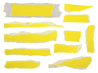 set of pieces of torn or cut yellow paper, design elements isolated on white background.
