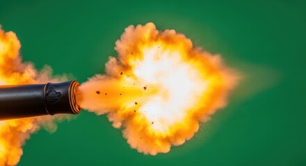Dramatic image featuring a cannon muzzle with a dynamic burst of flame and smoke on a green