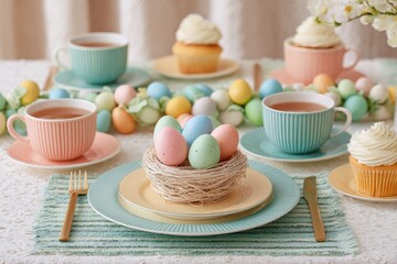 Festive easter celebration with colourful decorations and religious ornaments in a cozy setting emphasizing the traditions of christianity