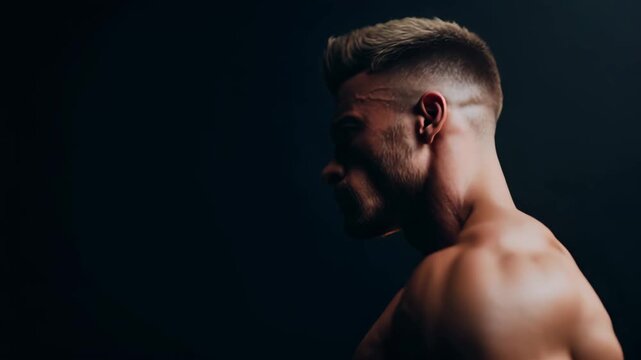 Bodybuilder training under intense red neon gym lighting