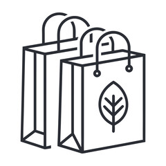 Simple line art illustration of two paper shopping bags with a leaf symbol