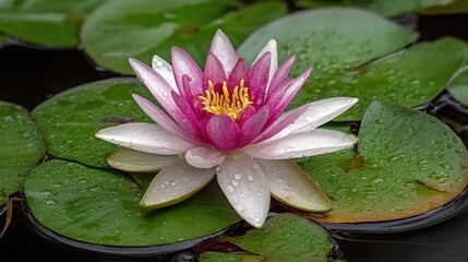 Beautiful pink water lily blooming on serene pond with raindrops on vibrant green lily pads