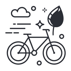Stylized line art of a bicycle with a leaf and clouds representing eco friendly travel