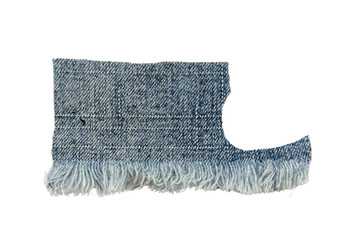 scraps of blue jeans piece texture isolated on white background.