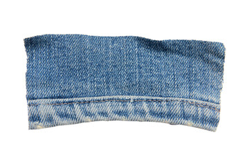 scraps of blue jeans piece texture isolated on white background.