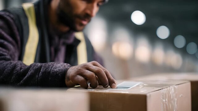 Logistics worker scanning barcode on package in warehouse
