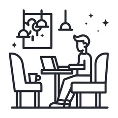 Man working on laptop in a cafe with coffee and modern decor