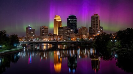 Fototapeta premium Breathtaking Night Skyline with Aurora Lights Over a River Reflection in Urban Landscape