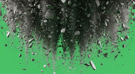 Dynamic explosion of rocks and dust particles against a vibrant green backdrop showcasing a